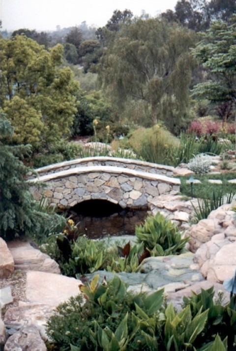 Photo of a traditional backyard full sun garden in San Diego with with pond and natural stone pavers.