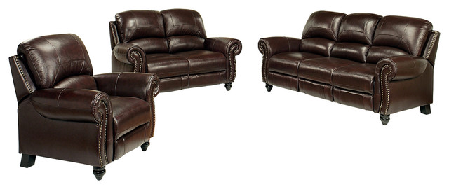 Abbyson Living Cambridge 3 Piece Pushback Reclining Leather Sofa Set Burgundy