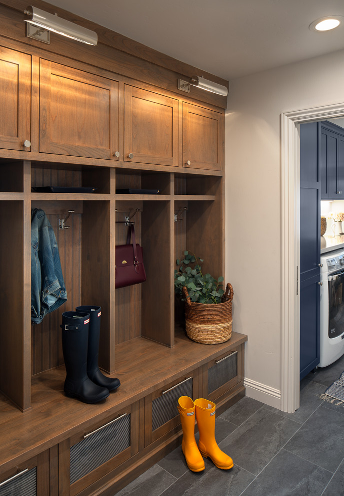 Small transitional mudroom in San Diego with porcelain floors, a double front door and grey floor.