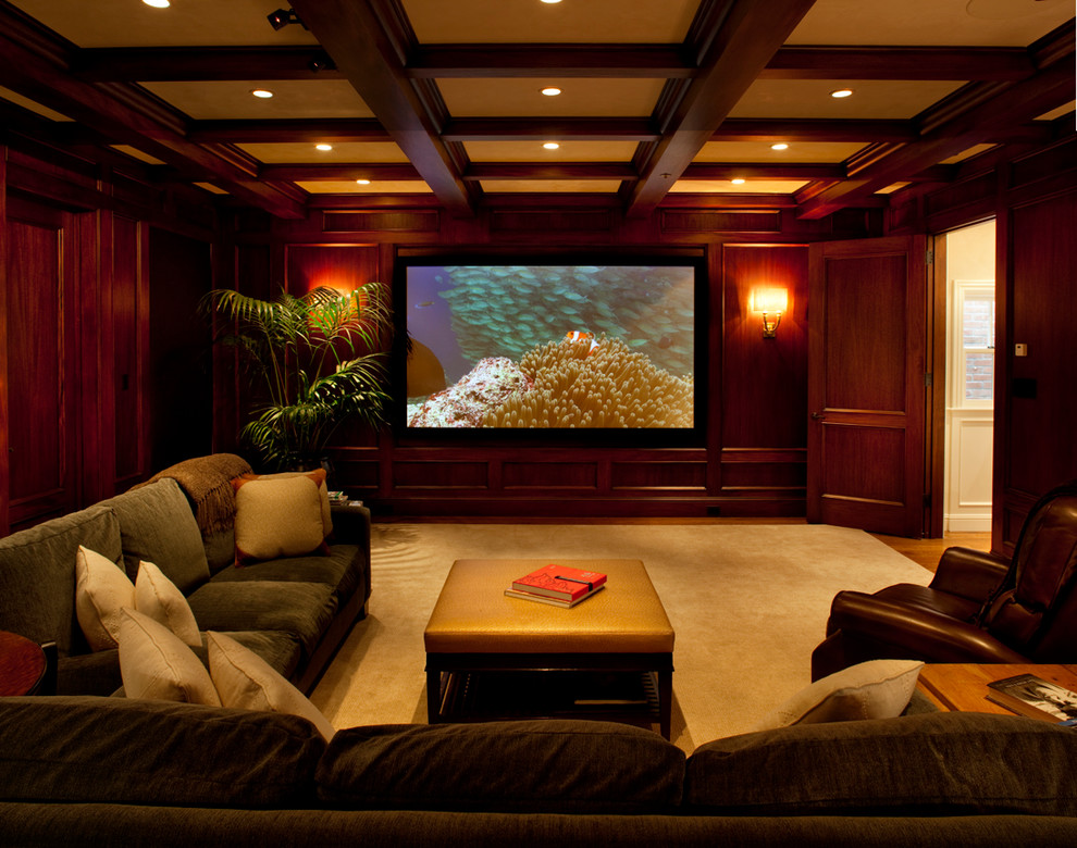 Inspiration for a large traditional enclosed home theatre in San Francisco with brown walls, carpet, a projector screen and beige floor.