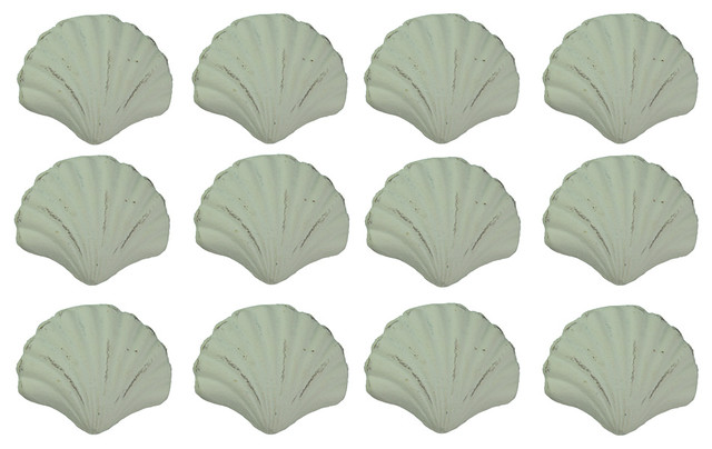 Set Of 12 Distressed Finish Coastal White Cast Iron Scallop Shell