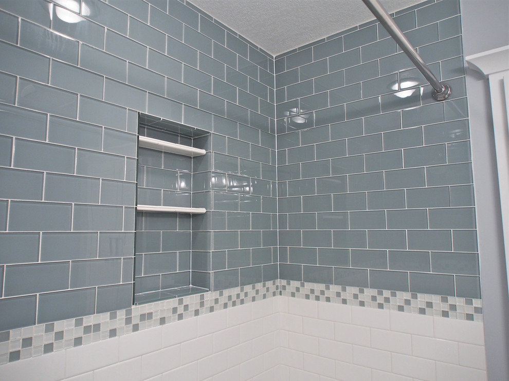 Design ideas for an eclectic bathroom in San Francisco with gray tile and subway tile.