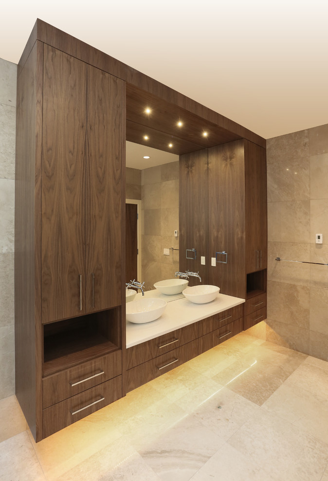 Expansive asian master bathroom in Vancouver with an undermount sink, open cabinets, dark wood cabinets, quartzite benchtops, a freestanding tub, a one-piece toilet, white tile, ceramic tile, multi-coloured walls and mosaic tile floors.