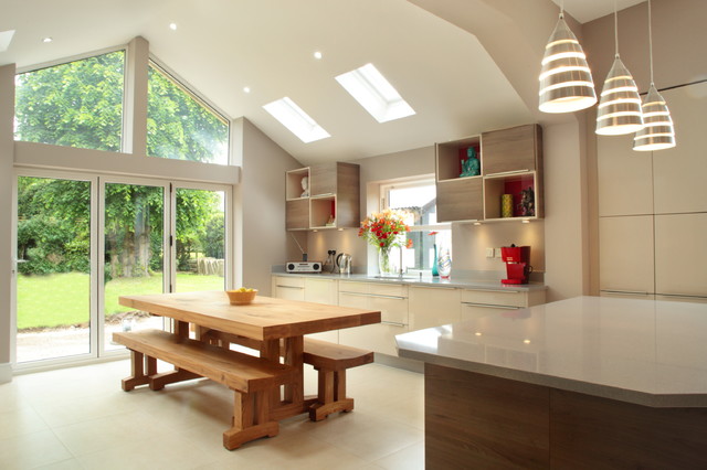 Contemporary Open Plan Kitchen Dining With Vaulted Ceiling