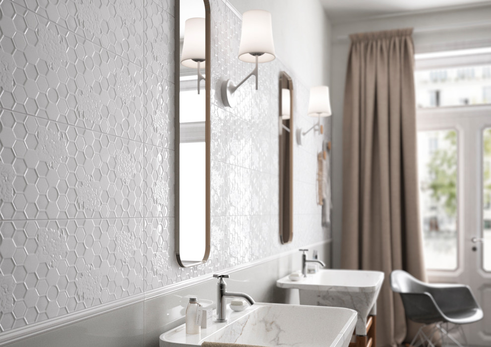 This is an example of a contemporary bathroom in Adelaide with white tile, ceramic tile and white walls.