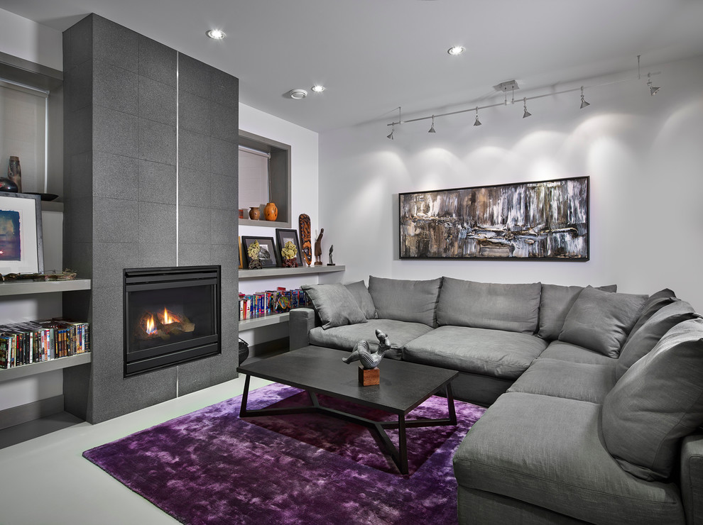 Photo of a contemporary living room in Edmonton with white walls.