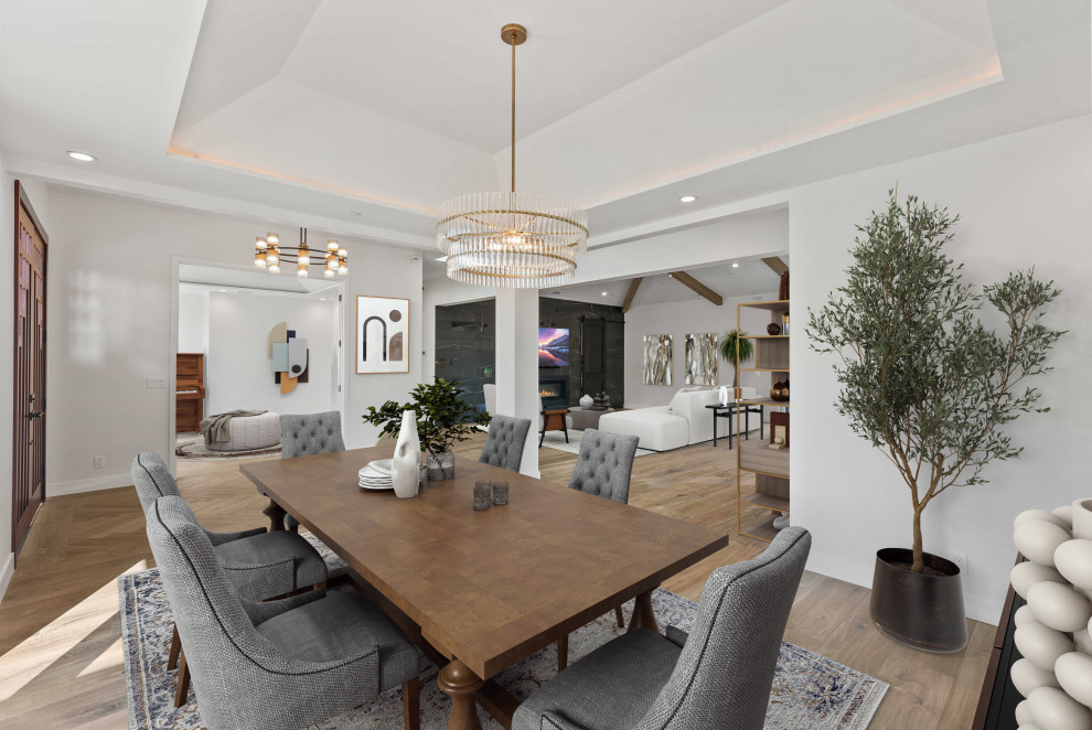 This is an example of an expansive modern kitchen/dining combo in San Francisco with white walls, light hardwood floors, a standard fireplace, a stone fireplace surround, brown floor and vaulted.