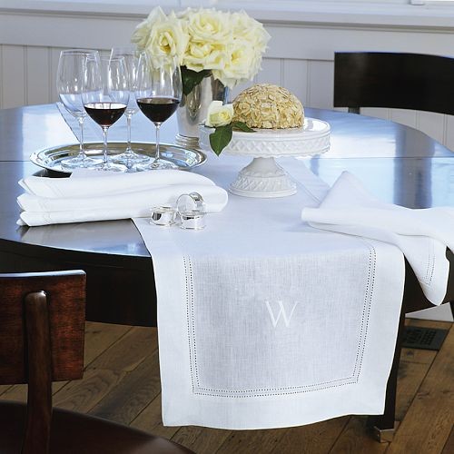 Monogrammed Hemstitched Linen Table Runner, White WilliamsSonoma