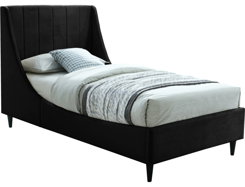 Eva Velvet Upholstered Bed, Black, Twin