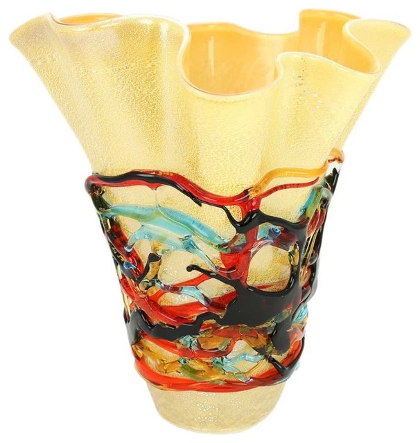 Vase Ovale En Verre De Murano Vésuve - Couleurs Ambré, Rouge, Multicolore - 14 Pouces