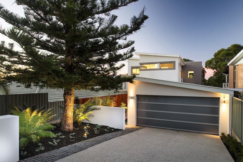 Design ideas for a large contemporary two-storey white house exterior in Perth with a flat roof and a metal roof.