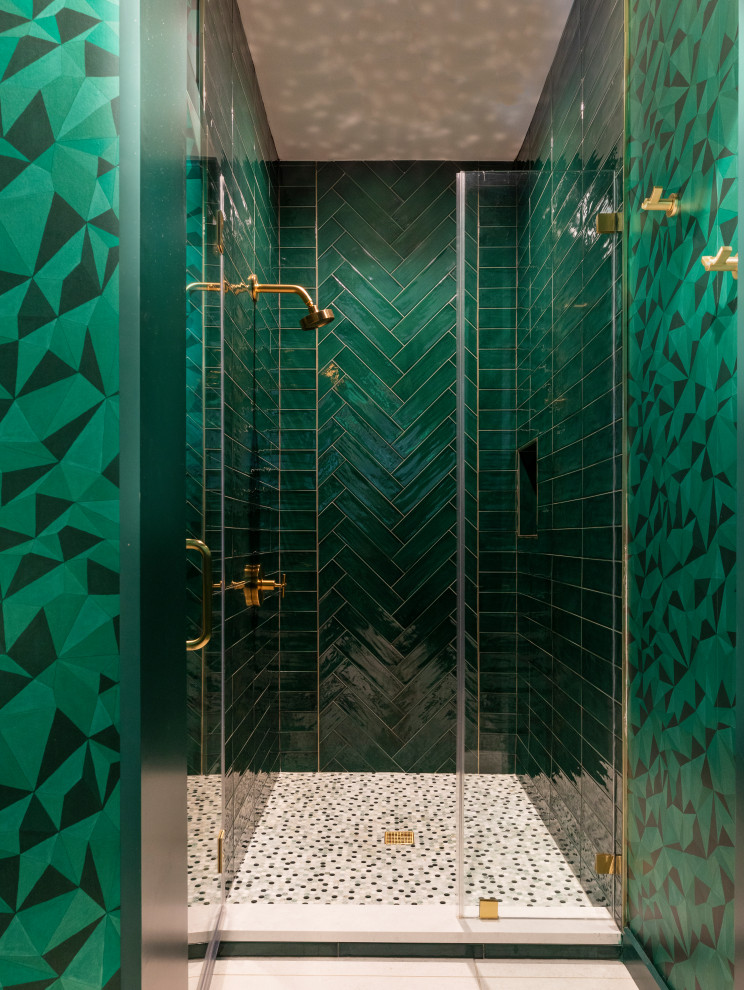 Inspiration for a mid-sized contemporary bathroom in Houston with flat-panel cabinets, green cabinets, a one-piece toilet, green tile, porcelain tile, green walls, porcelain floors, an undermount sink, quartzite benchtops, white floor, white benchtops, a floating vanity and wallpaper.