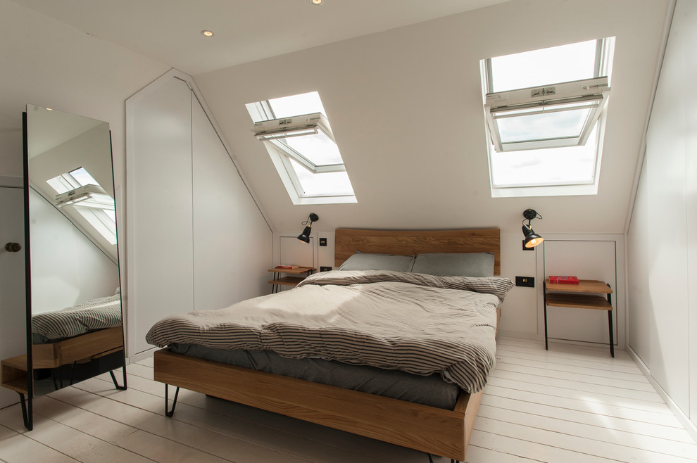 Design ideas for a scandinavian bedroom in London with white walls and painted wood floors.