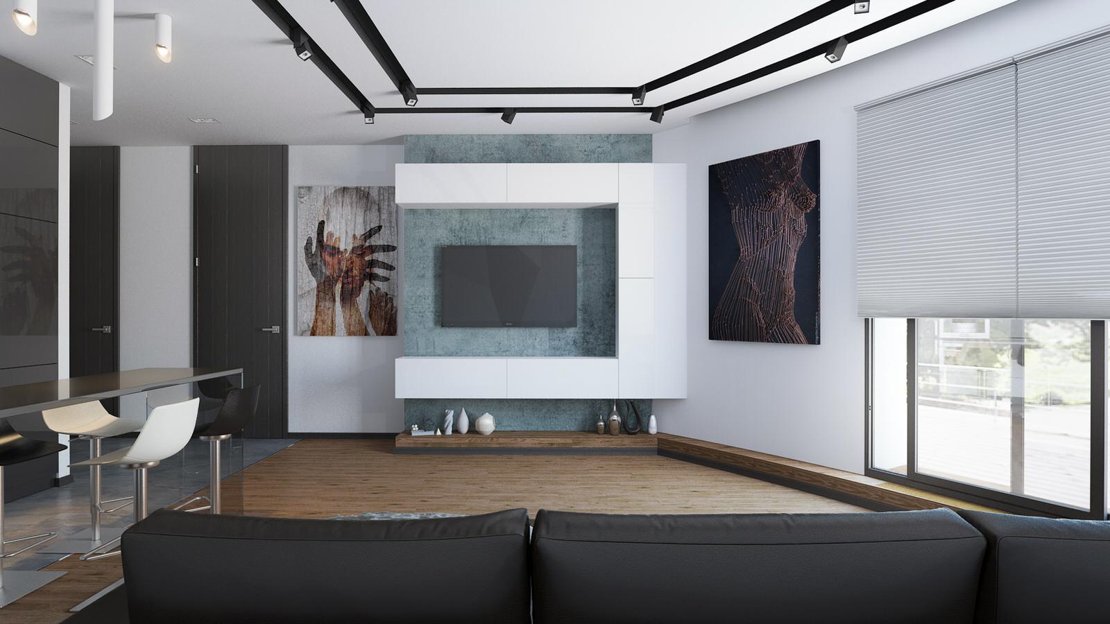 Черно-белый дизайн гостиной, объединенной с кухней