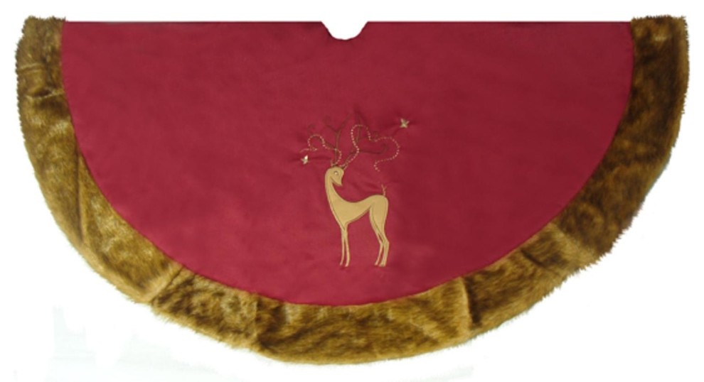 56" Brick Red Noble Reindeer Christmas Tree Skirt with Faux Fur Trim