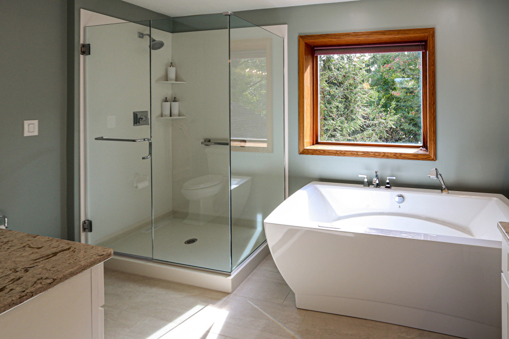 Inspiration for a medium sized classic ensuite bathroom in Cleveland with recessed-panel cabinets, white cabinets, a freestanding bath, a corner shower, a two-piece toilet, green tiles, green walls, porcelain flooring, a submerged sink, engineered stone worktops, beige floors, a hinged door, beige worktops, double sinks and a freestanding vanity unit.