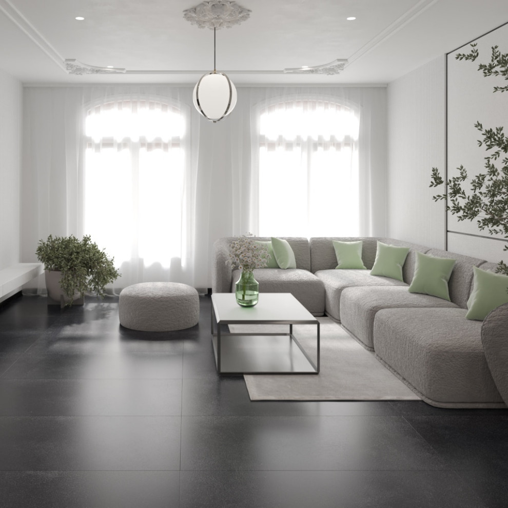 Стильный дизайн: большая гостиная комната с полом из керамогранита и черным полом - последний тренд