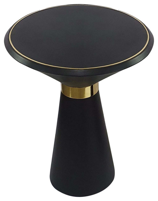 22" Round Mango Wood Side Table, Smooth Brass Accents, Black Finish