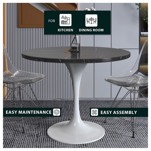 LeisureMod Verve Dining Table with a 36" Round Stone Tabletop in Black ...