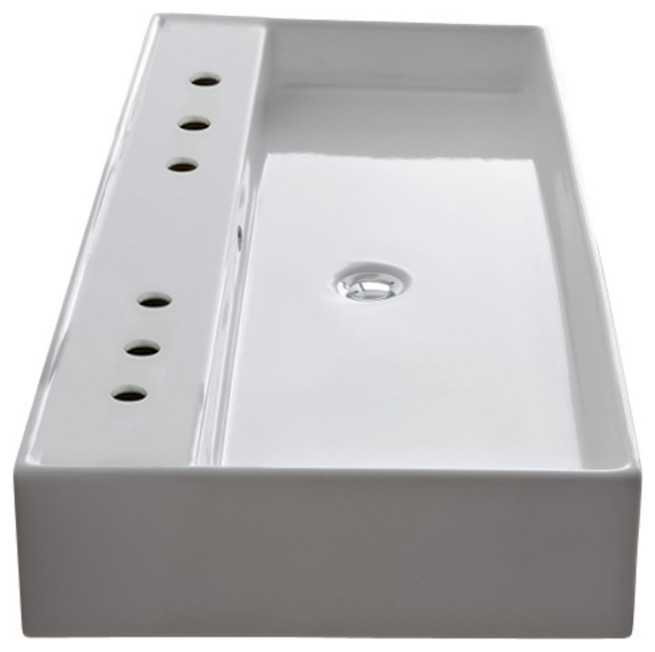 Rectangular White Ceramic Wall Mounted or Vessel Sink, Six Hole