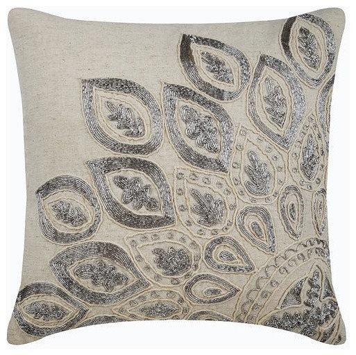 Beige Throw Pillow Cover Zardozi Sequins Sparkly Glitter Linen