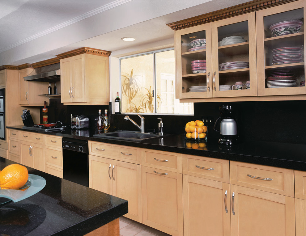 Photo of a large contemporary single-wall separate kitchen in Miami with a double-bowl sink, shaker cabinets, light wood cabinets, recycled glass benchtops, black splashback, glass tile splashback, black appliances and with island.
