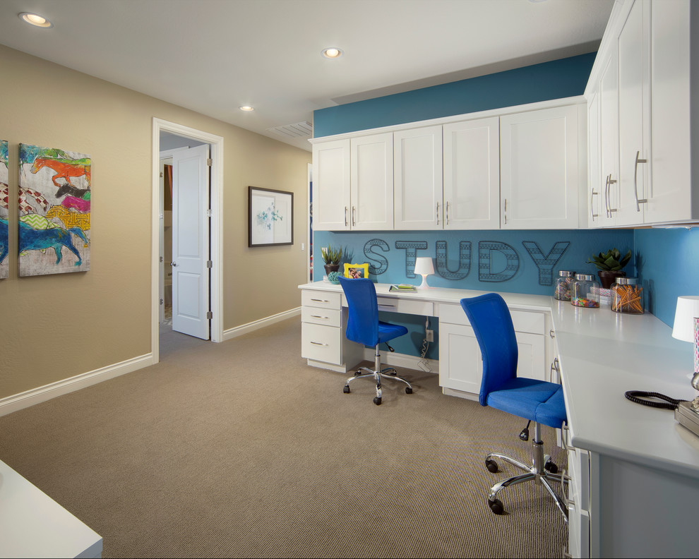 Design ideas for a transitional kids' study room in Phoenix with multi-coloured walls.
