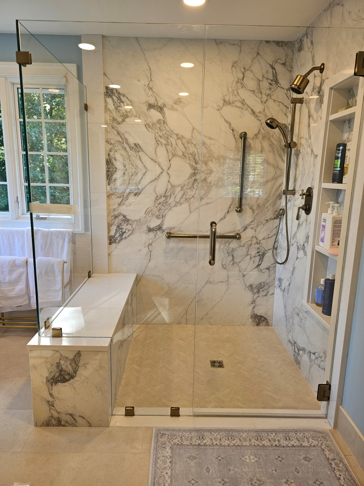 Maxfine Arabescatto Porcelain slab shower and Bath renovation