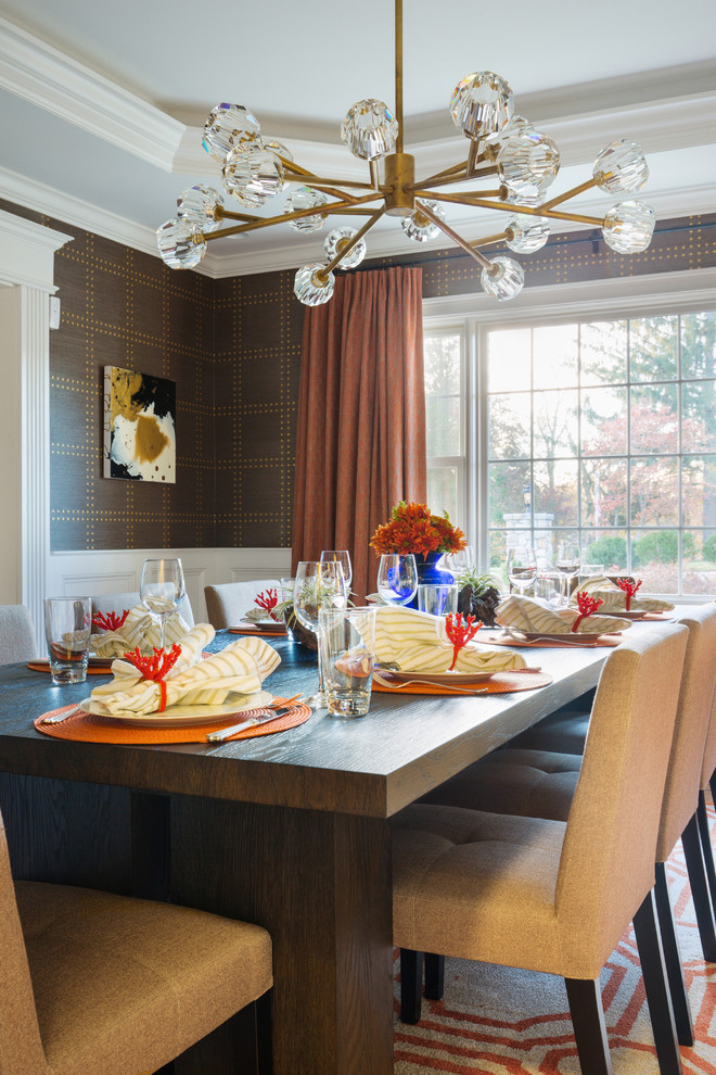 Photo of a transitional dining room in New York with brown walls.