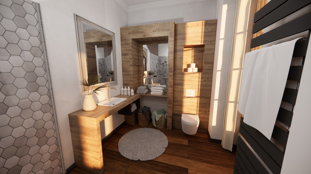 Exemple d'une salle de bain principale et blanche et bois éclectique en bois clair de taille moyenne avec une douche à l'italienne, WC suspendus, un carrelage gris, des carreaux de céramique, un mur blanc, un sol en bois brun, un plan de toilette en bois, un sol marron, un plan de toilette marron, une fenêtre et meuble simple vasque.