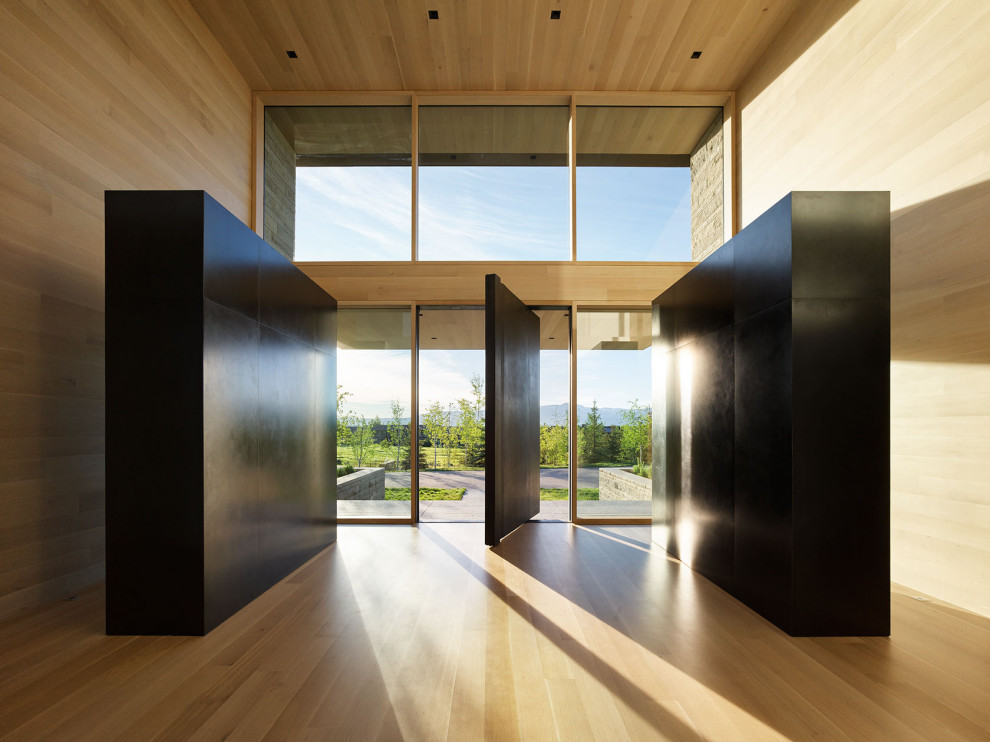 Ispirazione per una porta d'ingresso minimalista con parquet chiaro, una porta a pivot, una porta nera, soffitto in legno e pareti in legno