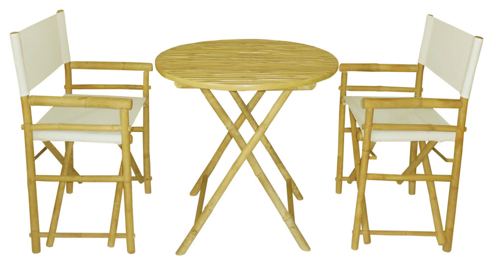 Bamboo Set of 2 Director Chairs and 1 Round Bamboo Table, White