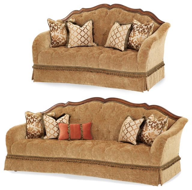Aico Villa Valencia Wood Trim Tufted Sofa Set In Brown Traditional Aico Villa Valencia Wood Trim Tufted Sofa Set In Brown