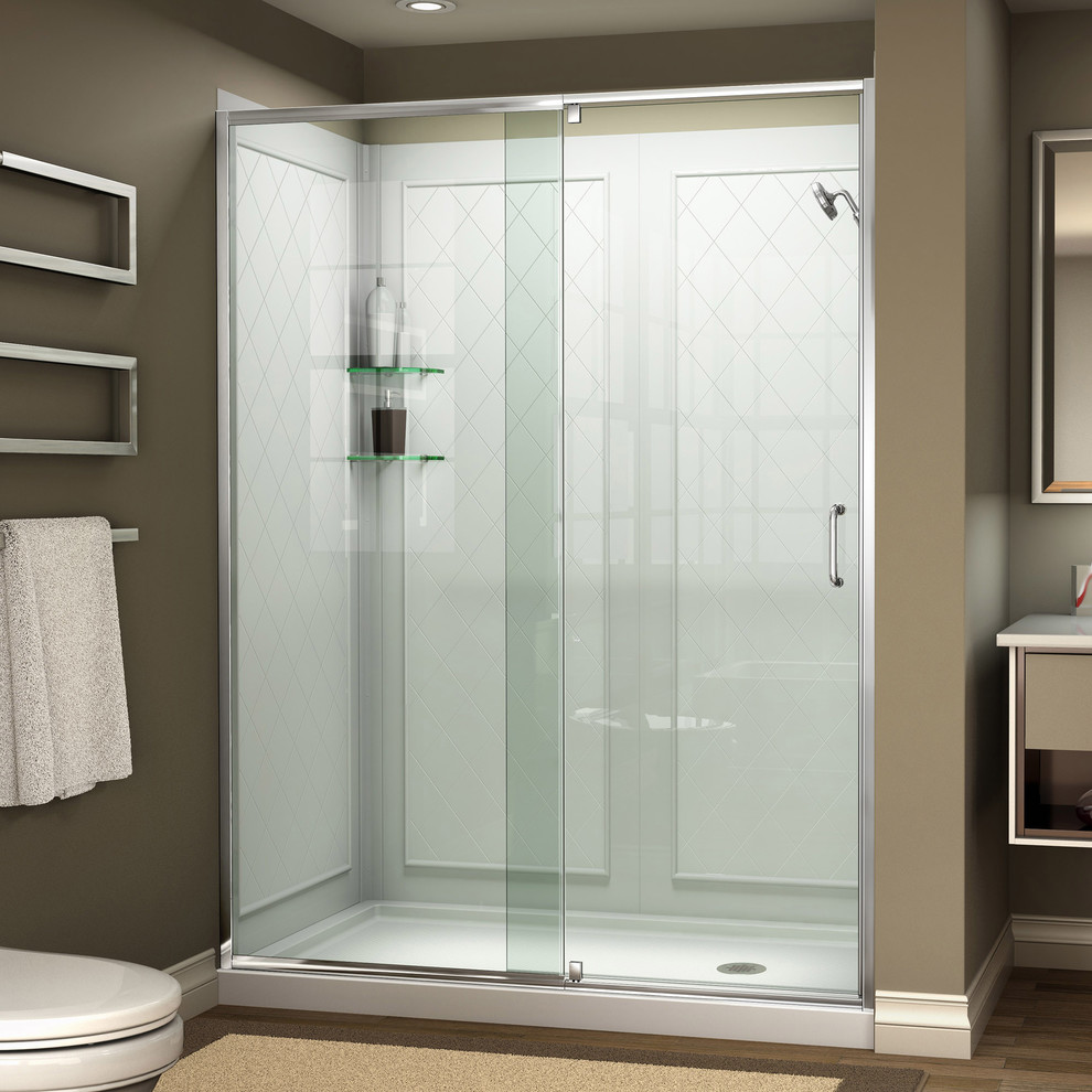 DreamLine Flex 34 x 60" Shower Door in Chrome with Center Drain Base & Backwalls Shower Stalls