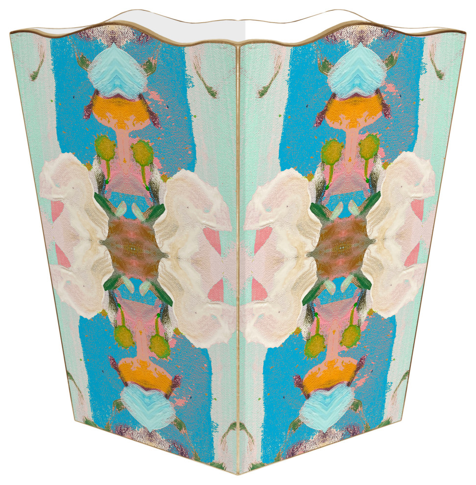 WB529LP-Laura Park Monets Garden Blue Wastepaper Basket, Scalloped Top and Wood Tissue Box Cover