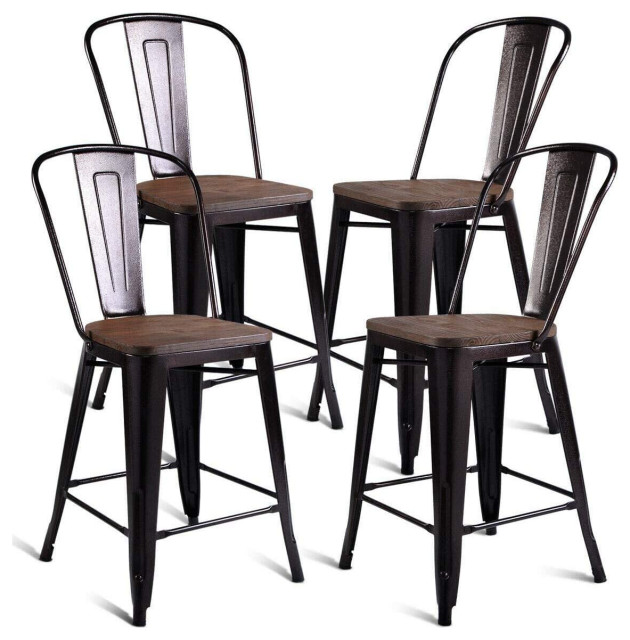 Set of 4 Modern Industrial Counter Stool, Metal Base & Elm Wood Seat