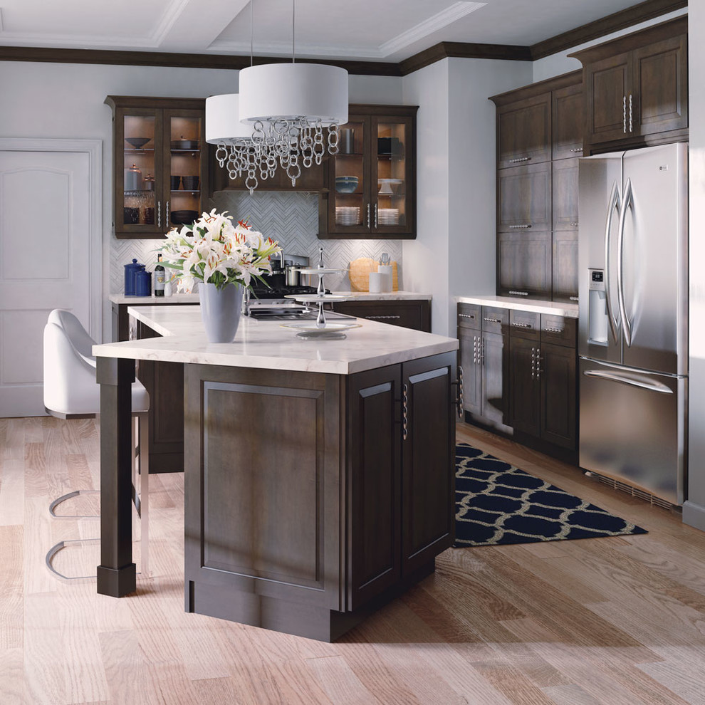Design ideas for a large transitional eat-in kitchen in Other with raised-panel cabinets, dark wood cabinets, white splashback, stainless steel appliances, with island and brown floor.