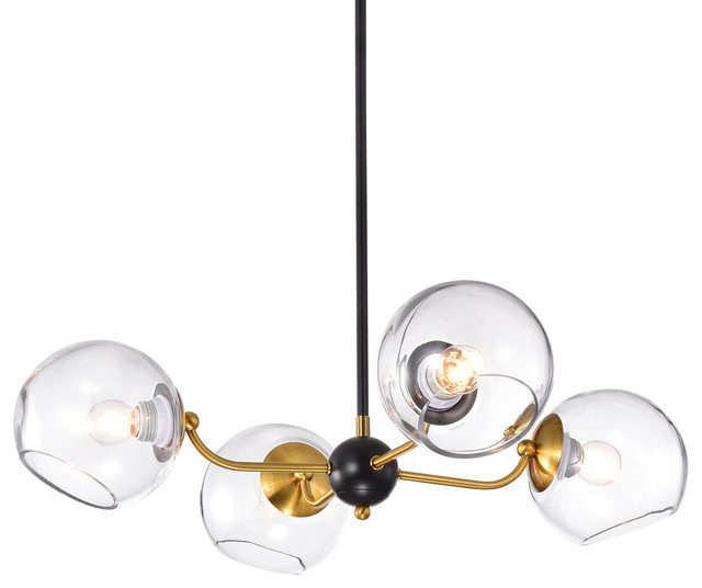 4-Light Sputnik Chandelier With Clear Globe Glass Shade Midcentury Modern