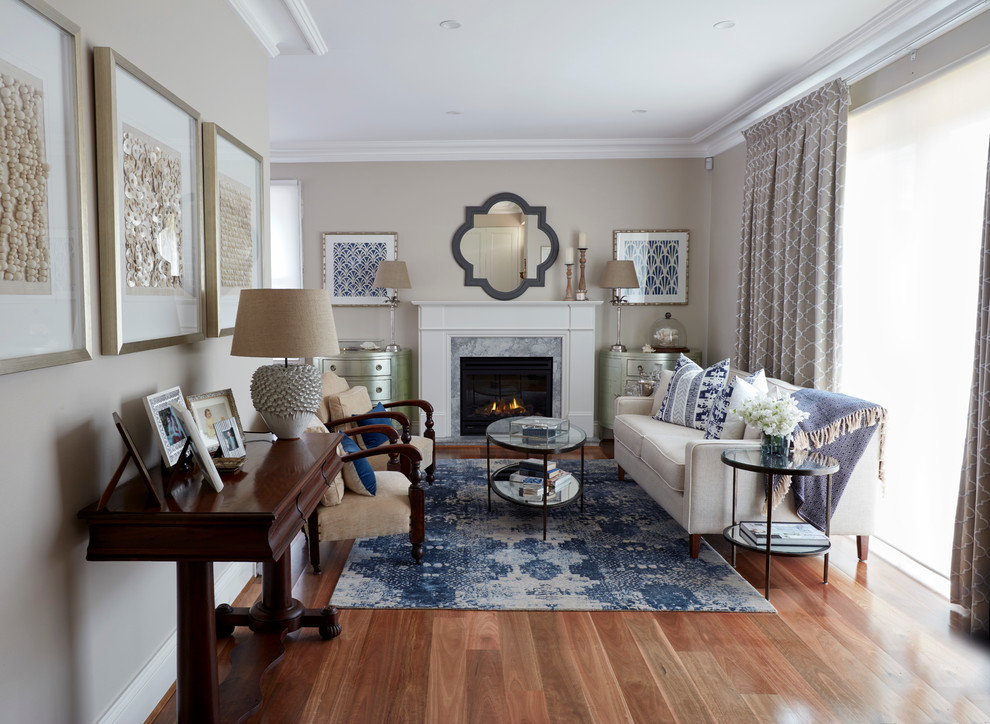 Mid-sized contemporary formal open concept living room in Sydney with medium hardwood floors, a standard fireplace and a stone fireplace surround.