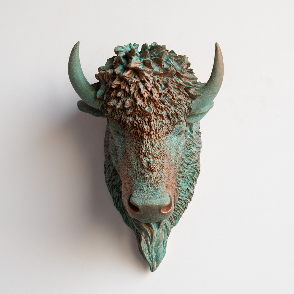 Faux Taxidermy Bison Head Wall Mount, Copper and Green Patina