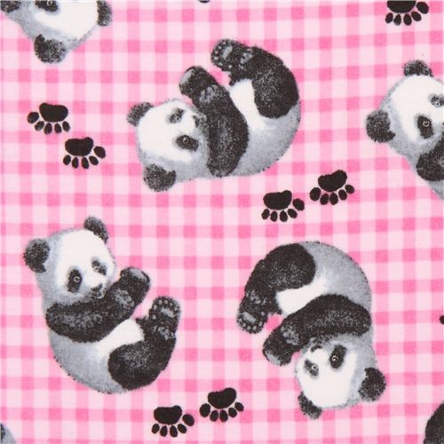 pale pink checkered panda bear animal flannel fabric USA