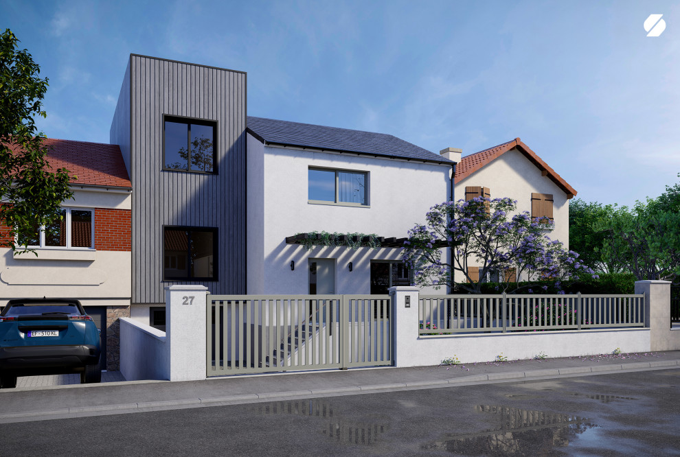 Idee per la facciata di una casa a schiera beige contemporanea a tre piani con rivestimento in cemento e pannelli sovrapposti