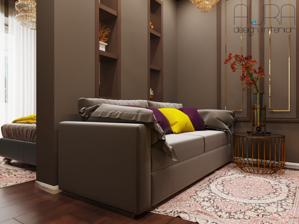 Дизайн квартиры, спальня гостиная в темных тонах