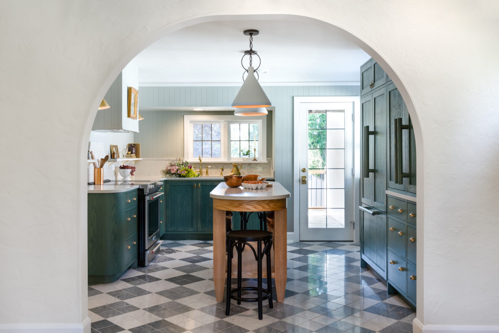 Mid-sized transitional u-shaped marble floor and multicolored floor open concept kitchen photo with green cabinets, quartz countertops, white backsplash, quartz backsplash, an island, white countertops, shaker cabinets and paneled appliances