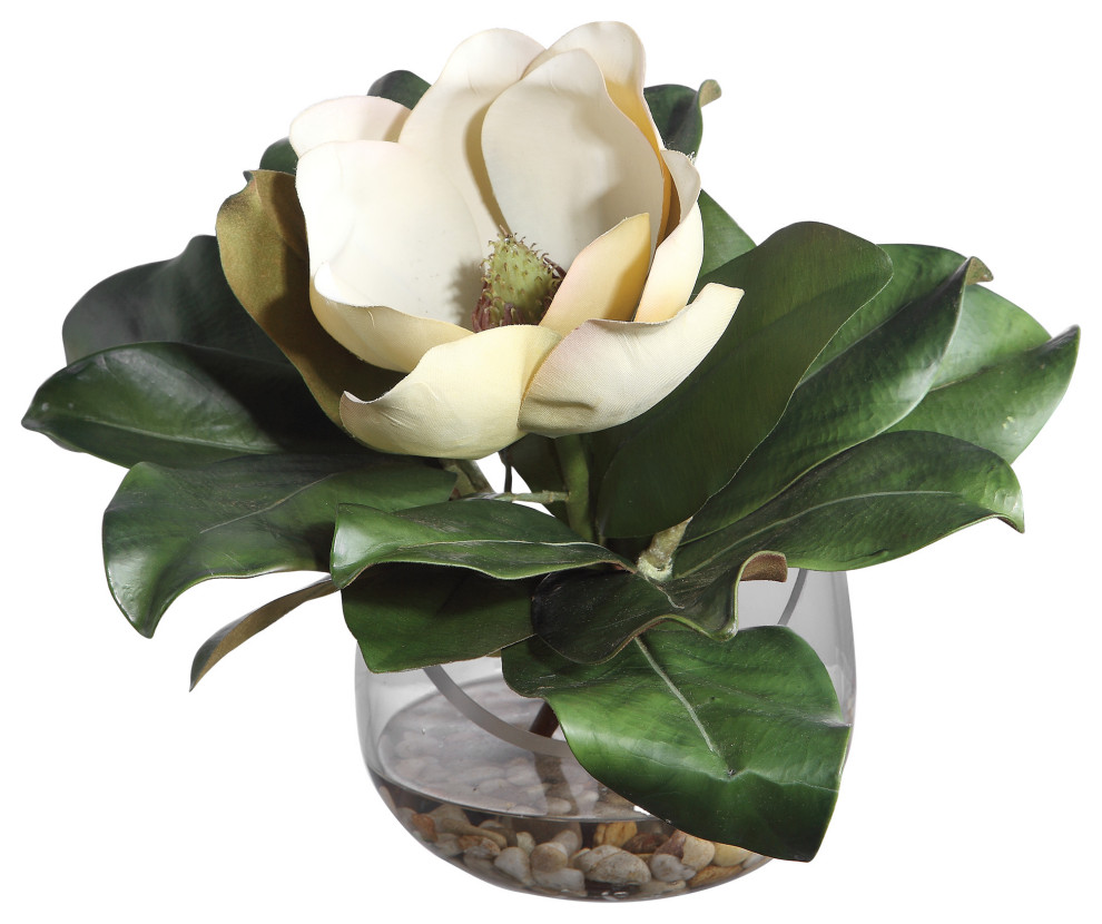 Nearly Natural Artificial 15" Magnolia Arrangement Flowers With Glass Vase NEW 