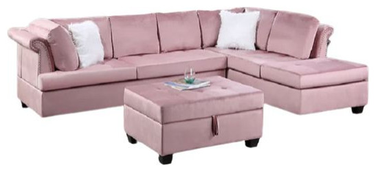 Valenca 3 Piece Sectional With Storage Ottoman Upholstered, Velvet, Pink