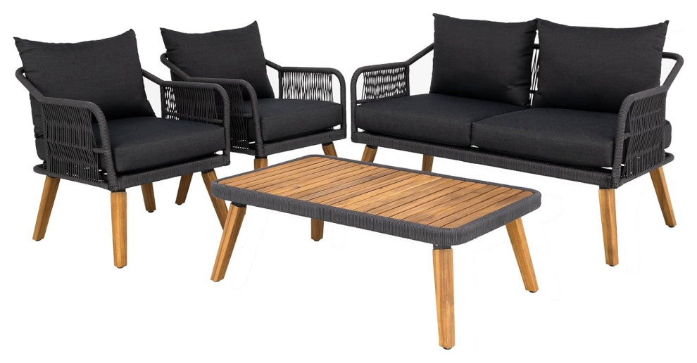 4 Pcs Patio Conversational Set, Acacia Frame With Woven Rope & Cushions