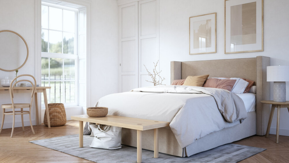 Design ideas for a medium sized scandi master bedroom in Other with white walls and medium hardwood flooring.