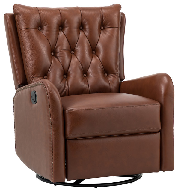 Transitional Genuine Leather Manual Swivel Recliner Transitional
