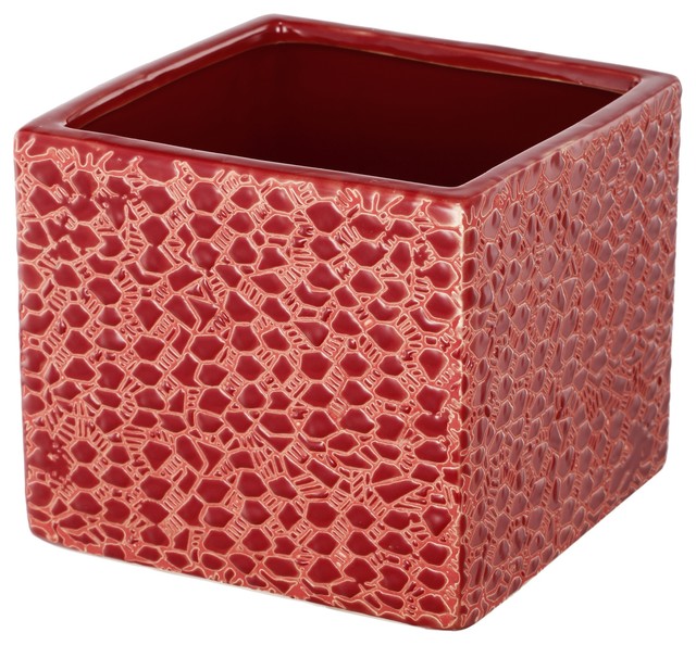 Square Shape Stoneware Vase With Intricate Pattern, Short, Red